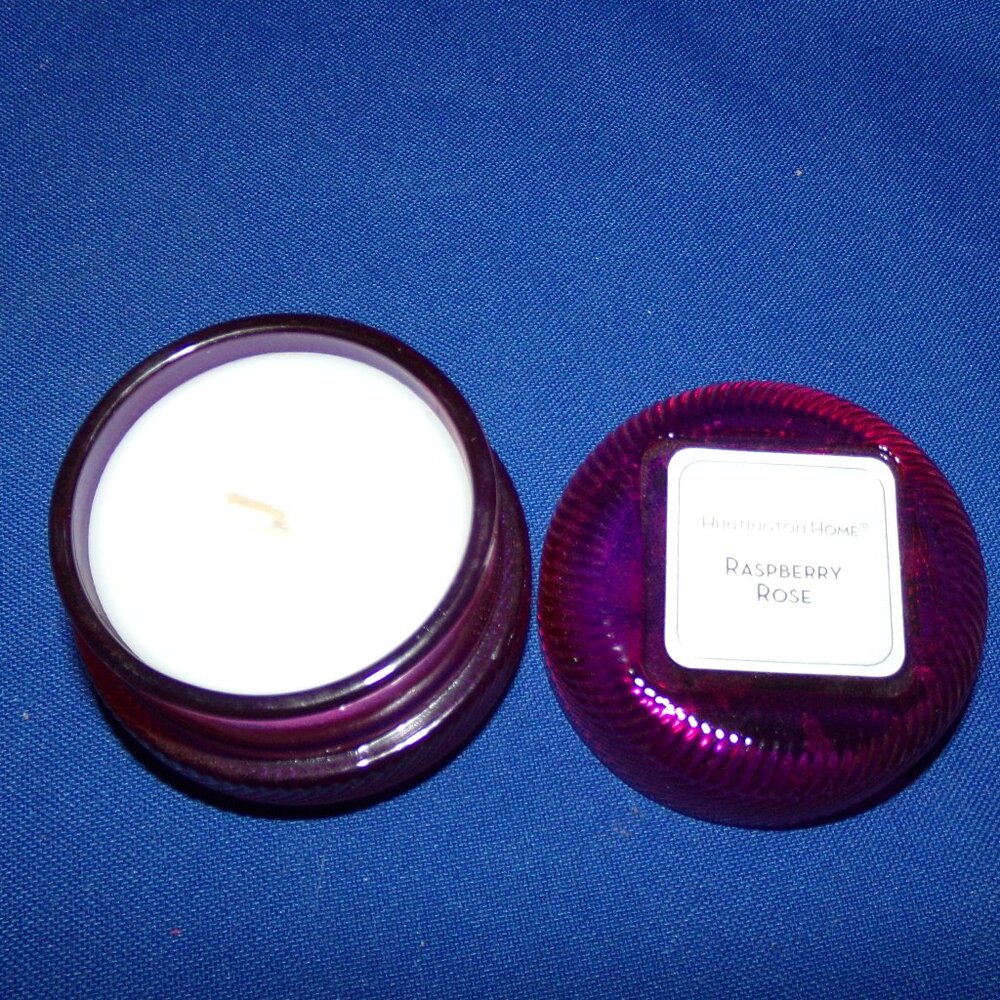 New- Huntington Home Raspberry Rose Mini Soy Candle in Red Glass w/ Top